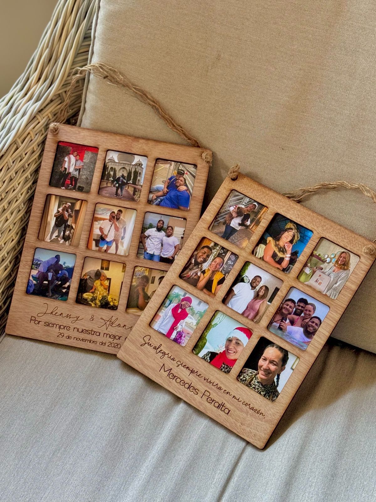 Cuadro colgante en madera con fotos y frase personalizado