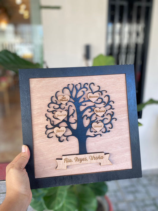 Cuadro en madera tipo árbol genealógico con nombres