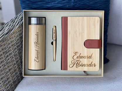 Combo de madera ejecutivo, botella, libreta y lapicero