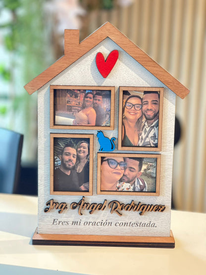 Retrato en madera en forma de casa con fotos personalizado