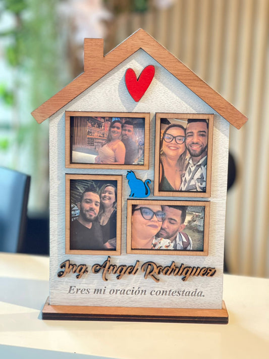 Retrato en madera en forma de casa con fotos personalizado