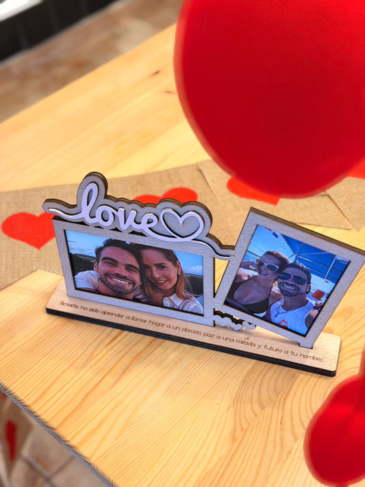 Retrato en madera LOVE con 2 fotos y frase