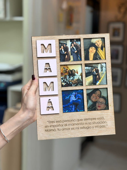 Retrato en madera MAMÁ con 6 fotos y mensaje
