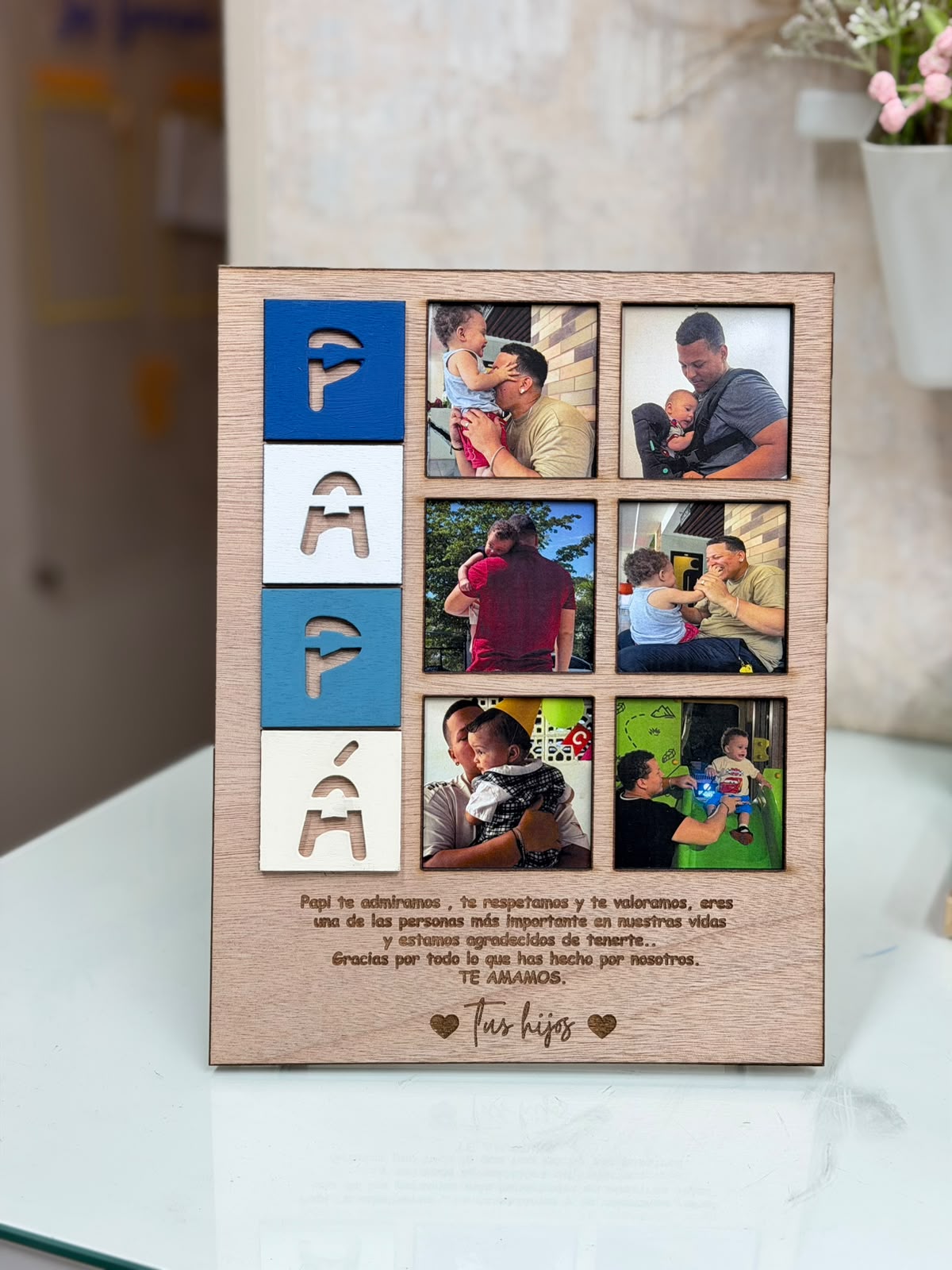Retrato en madera con 6 fotos mas mensaje personalizado