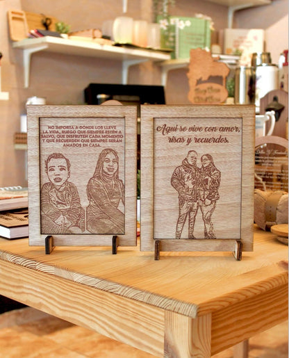Retrato en madera con foto y frase grabado